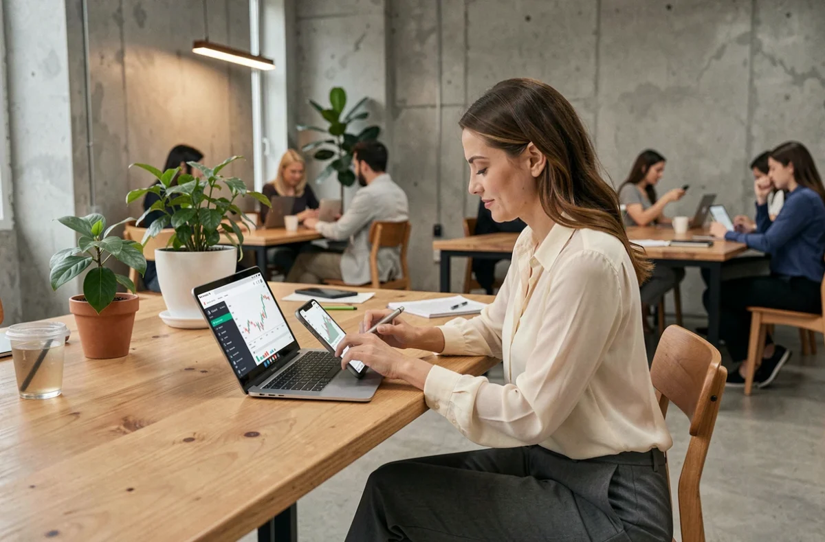 Femme d'affaires utilisant smartphone et tablette pour accéder à des applications de banque numérique et de marchés boursiers dans un espace de coworking contemporain