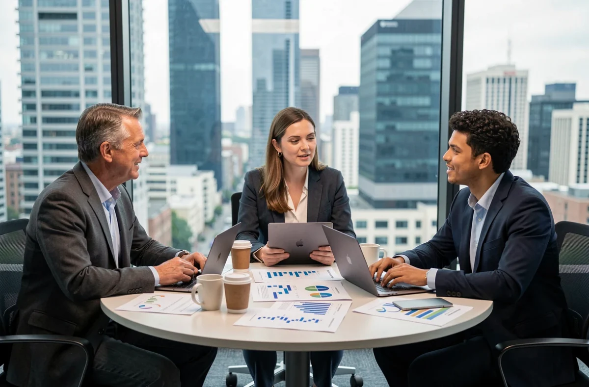 Groupe de professionnels de la finance réunis autour d'une table de conférence analysant des graphiques financiers dans une salle de réunion moderne avec vue sur le quartier d'affaires