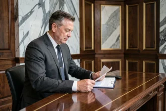 Banquier senior en costume examinant des documents dans une banque privée au décor luxueux en marbre et bois sombre