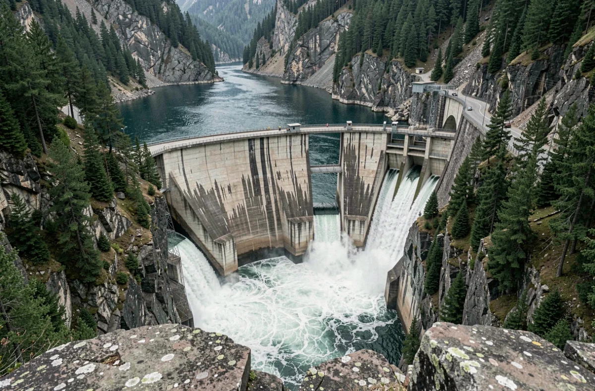 Barrage hydroélectrique dans un canyon montagneux illustrant l'hydroélectricité comme source d'énergie renouvelable puissante