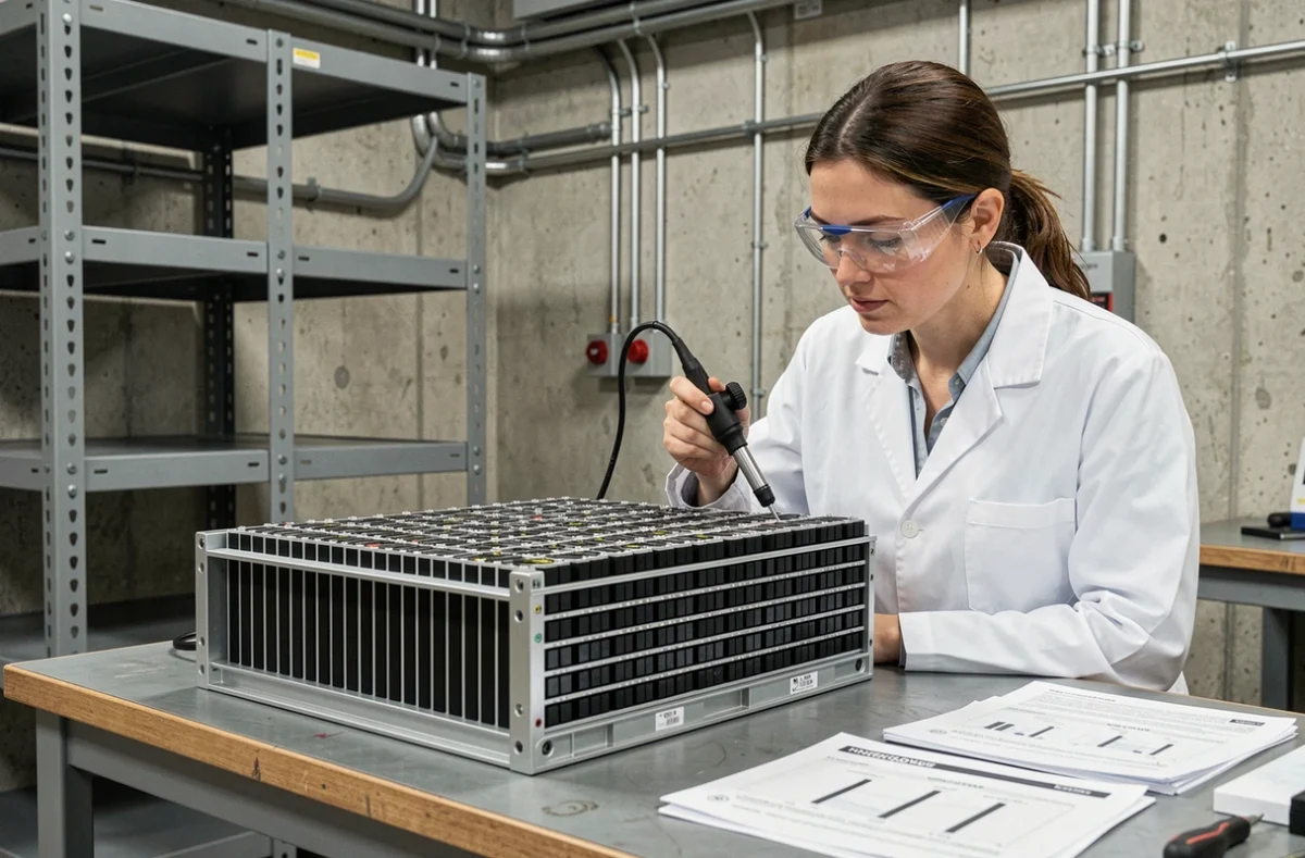 Ingénieure examinant un module de batterie lithium de voiture électrique en atelier industriel