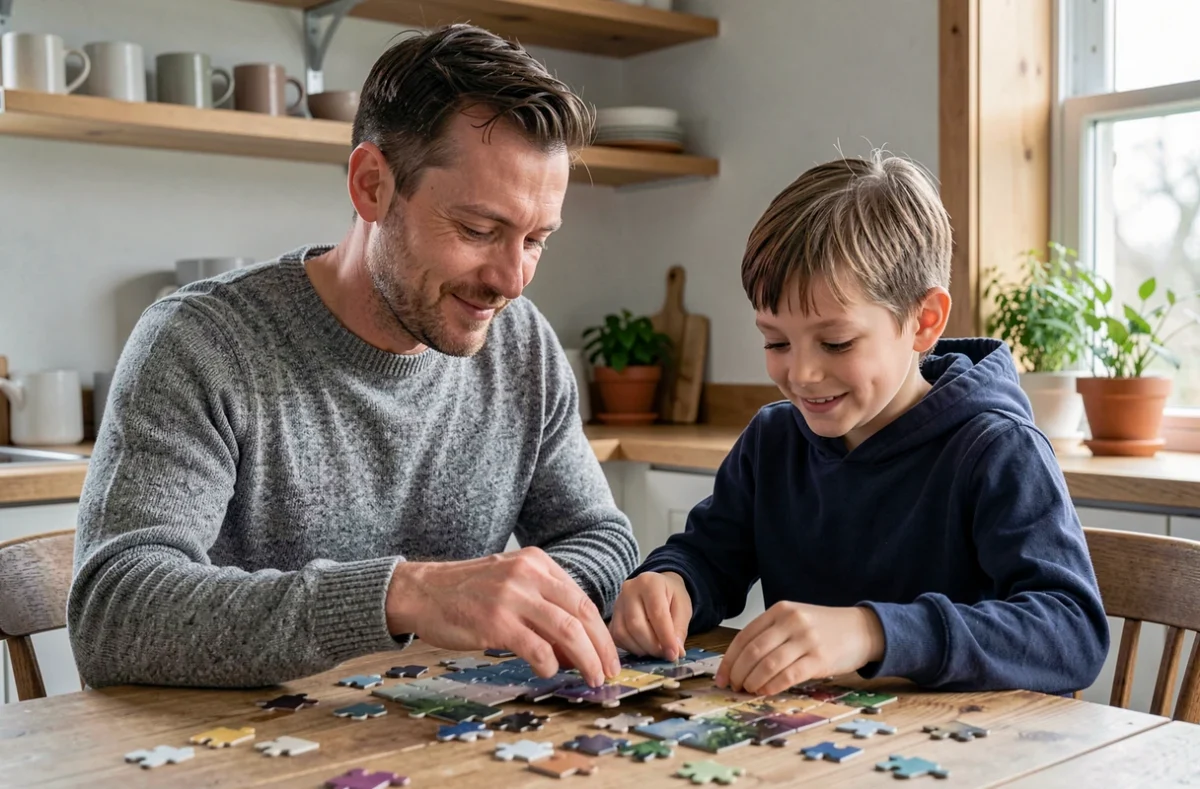 Homme adulte et jeune garçon faisant un puzzle ensemble à la table de cuisine, symbolisant le lien entre beau-père et bel-enfant dans une famille recomposée