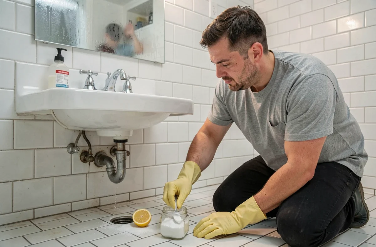 Homme utilisant du bicarbonate de soude pour déboucher et nettoyer le siphon de lavabo en salle de bain