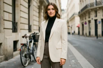 Femme portant un blazer oversize crème sur un col roulé noir dans une rue parisienne, style éditorial moderne