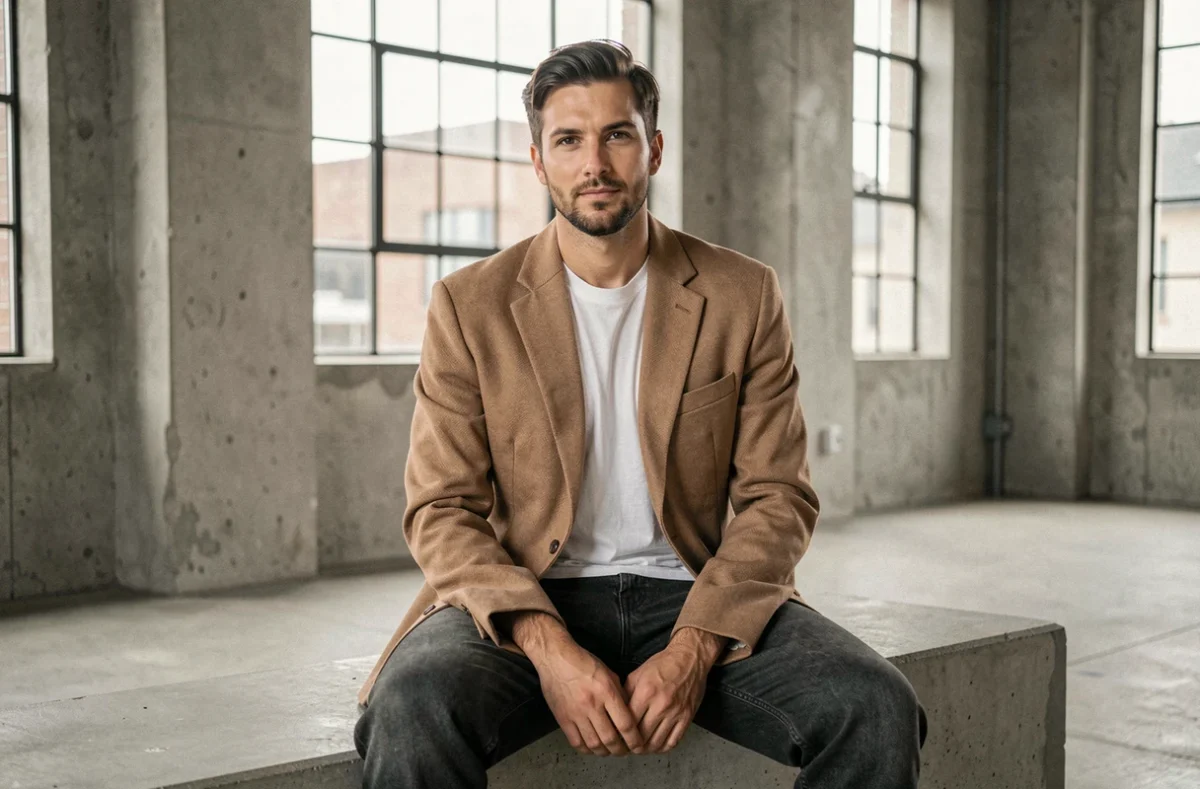Homme en blazer oversize sable et jean décontracté assis dans un espace de coworking minimaliste