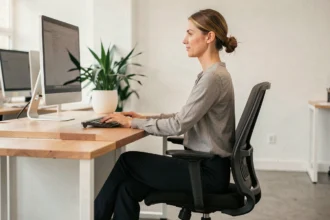 Femme assise avec une bonne posture devant un bureau ergonomique pour éviter le mal de dos