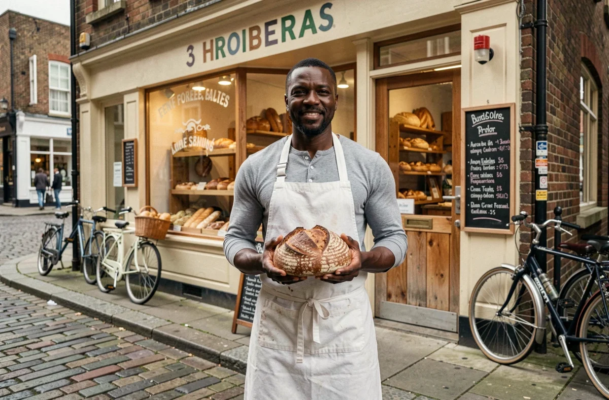 Entrepreneur boulanger artisan devant sa boutique locale financée grâce au microcrédit