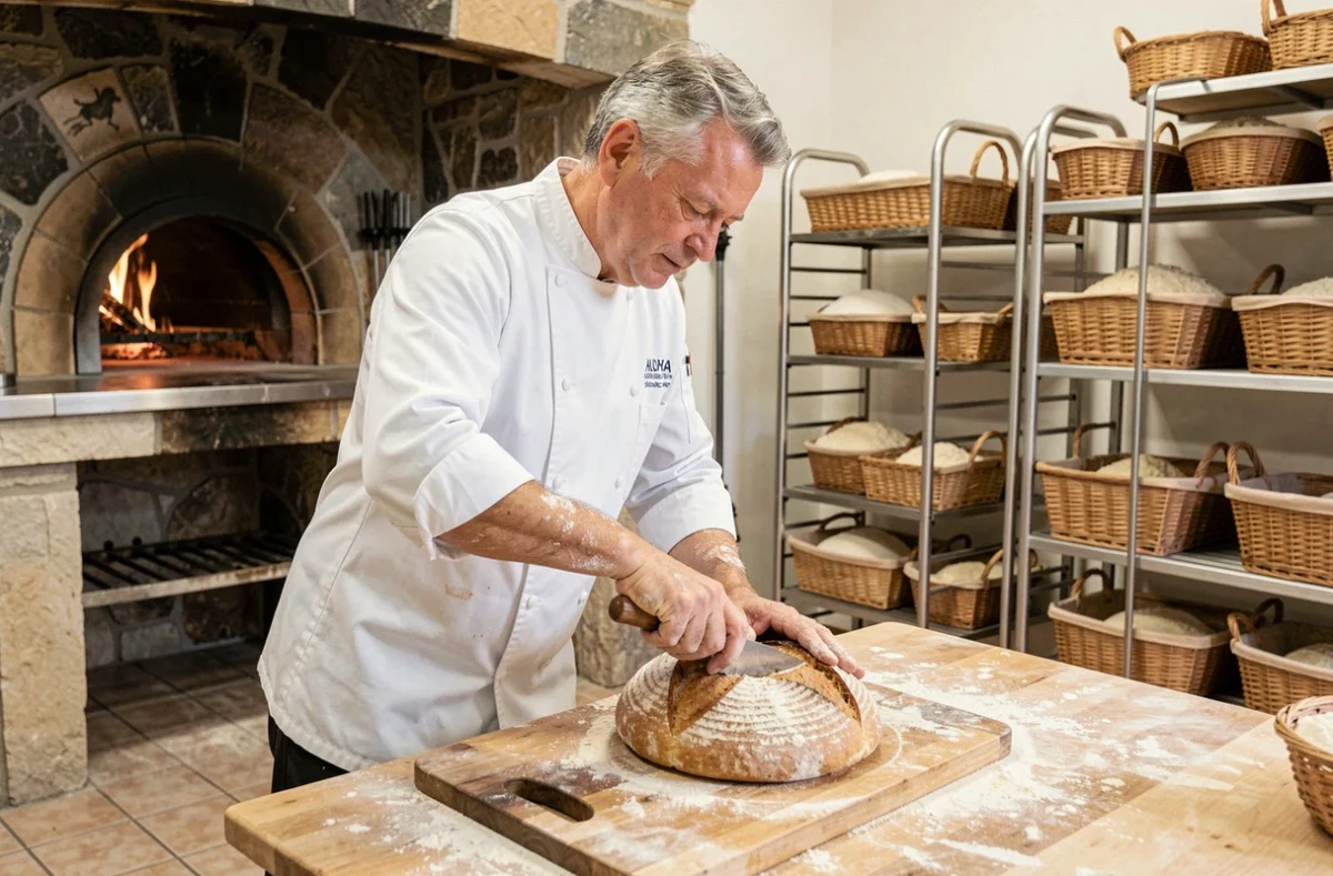 Boulanger artisan incisant un pain au levain dans une boulangerie traditionnelle, symbole du titre d'artisan