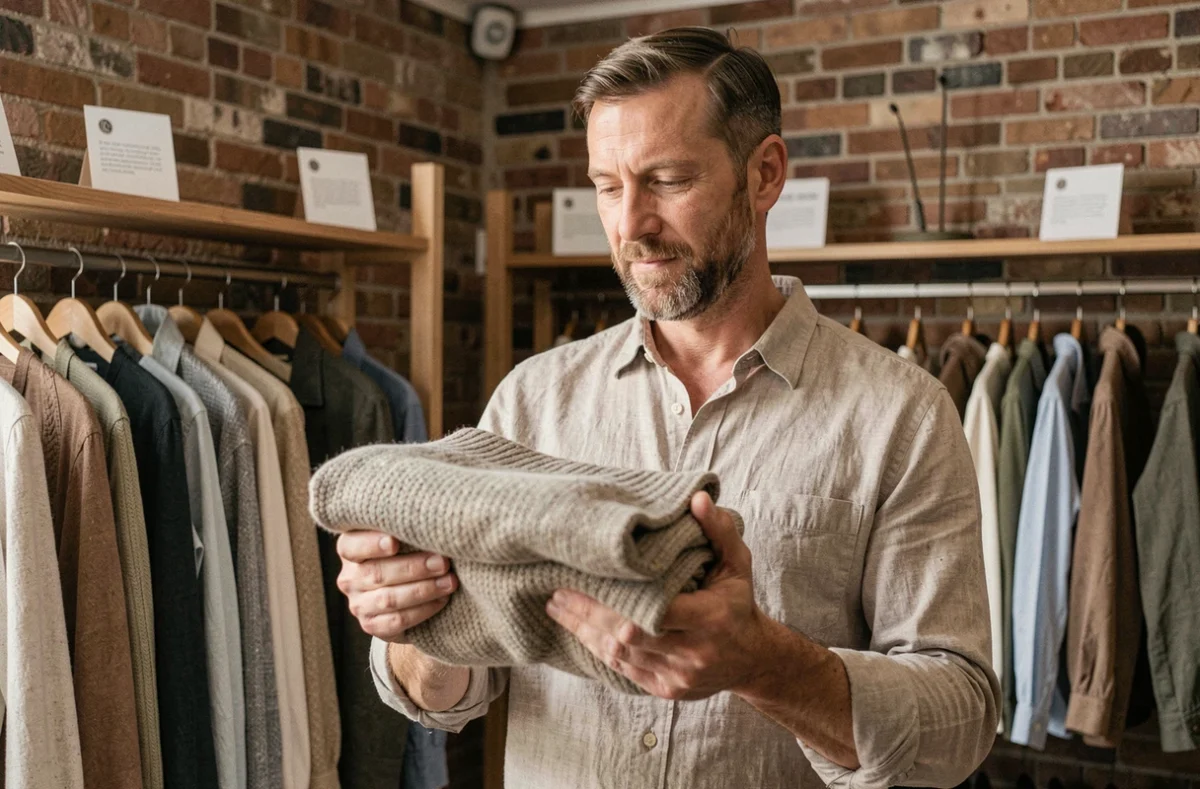 Homme tenant un vêtement en laine mérinos dans une boutique de mode durable — choisir le meilleur matériau naturel pour ses vêtements