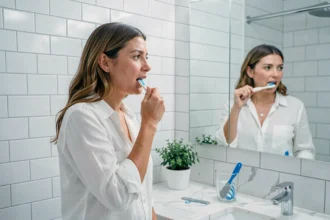 Femme se brossant les dents devant un miroir dans une salle de bain moderne, illustrant les bons gestes pour la santé bucco-dentaire
