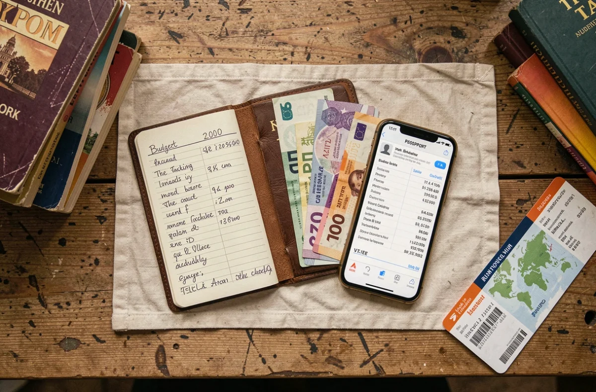 Planification budgétaire d'un tour du monde depuis l'Inde avec passeport, devises internationales et carnet de voyage