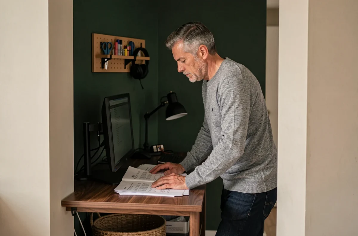 Espace bureau intégré dans une niche de salon avec mur vert foncé, double écran et homme consultant des documents sur un bureau en noyer