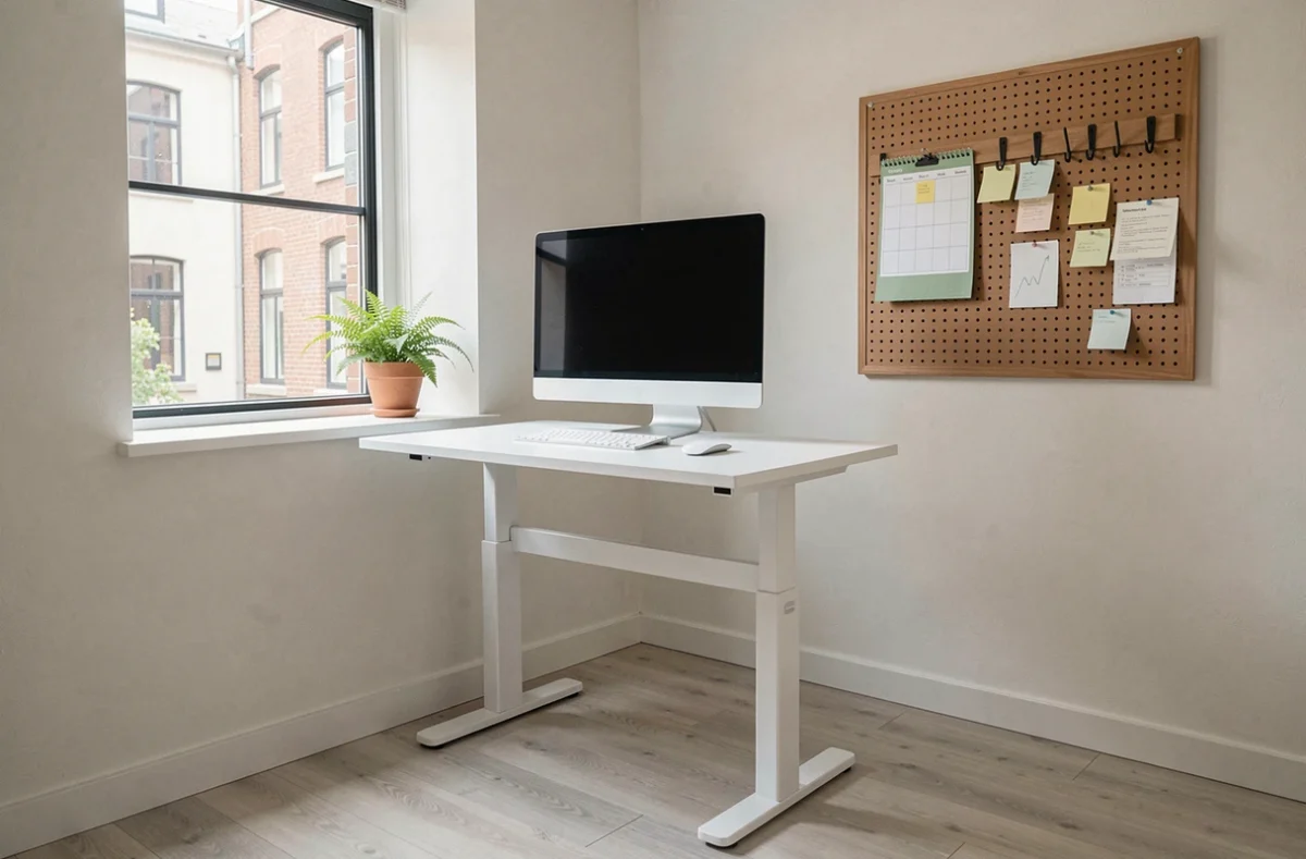 Bureau réglable en hauteur dans une petite chambre convertie en espace de travail minimaliste avec pegboard mural, plante verte et vue sur cour intérieure