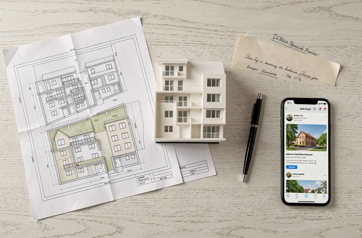 Vue aérienne d'un bureau de promoteur immobilier avec plans d'architecte, maquette de résidence neuve et documents officiels français