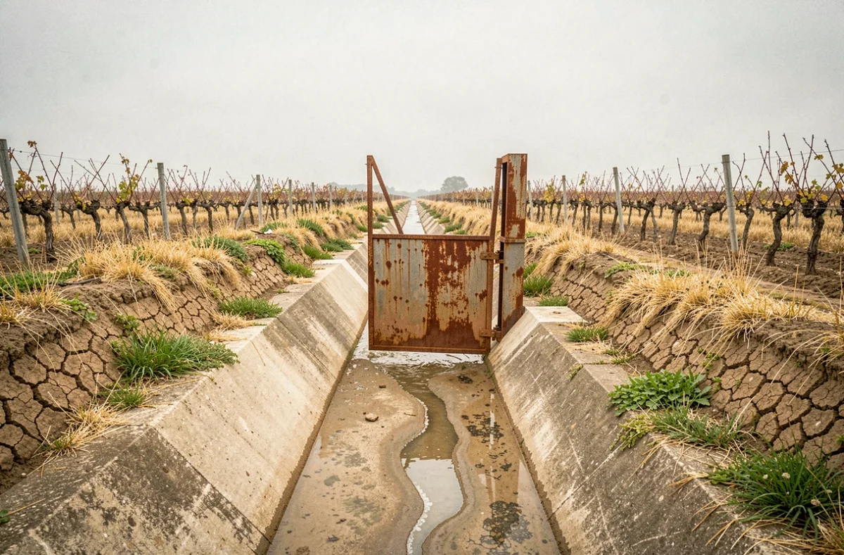 Canal d'irrigation presque à sec dans une campagne française touchée par la sécheresse persistante