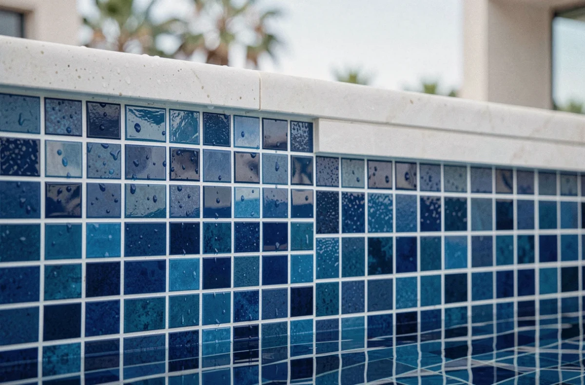 Détail de carrelage mosaïque en verre bleu sur la paroi intérieure d'une piscine durable