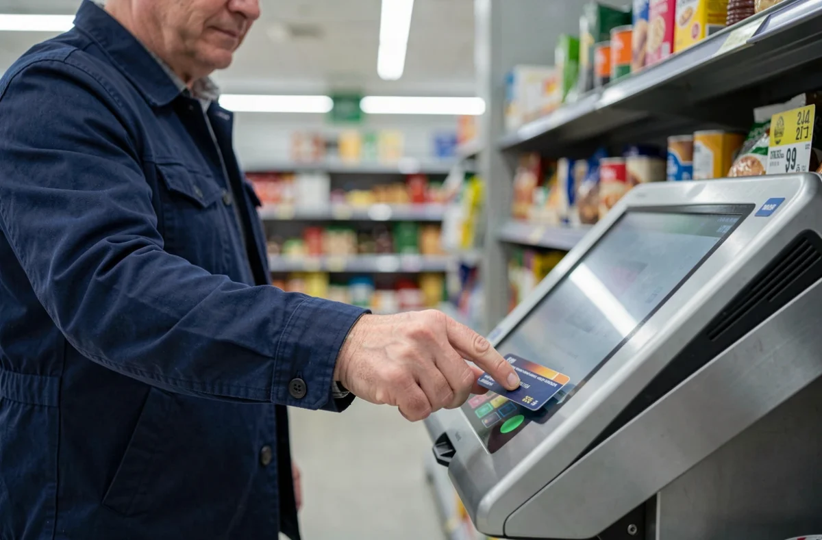 Un homme utilise sa carte bancaire sans contact à une caisse automatique de supermarché