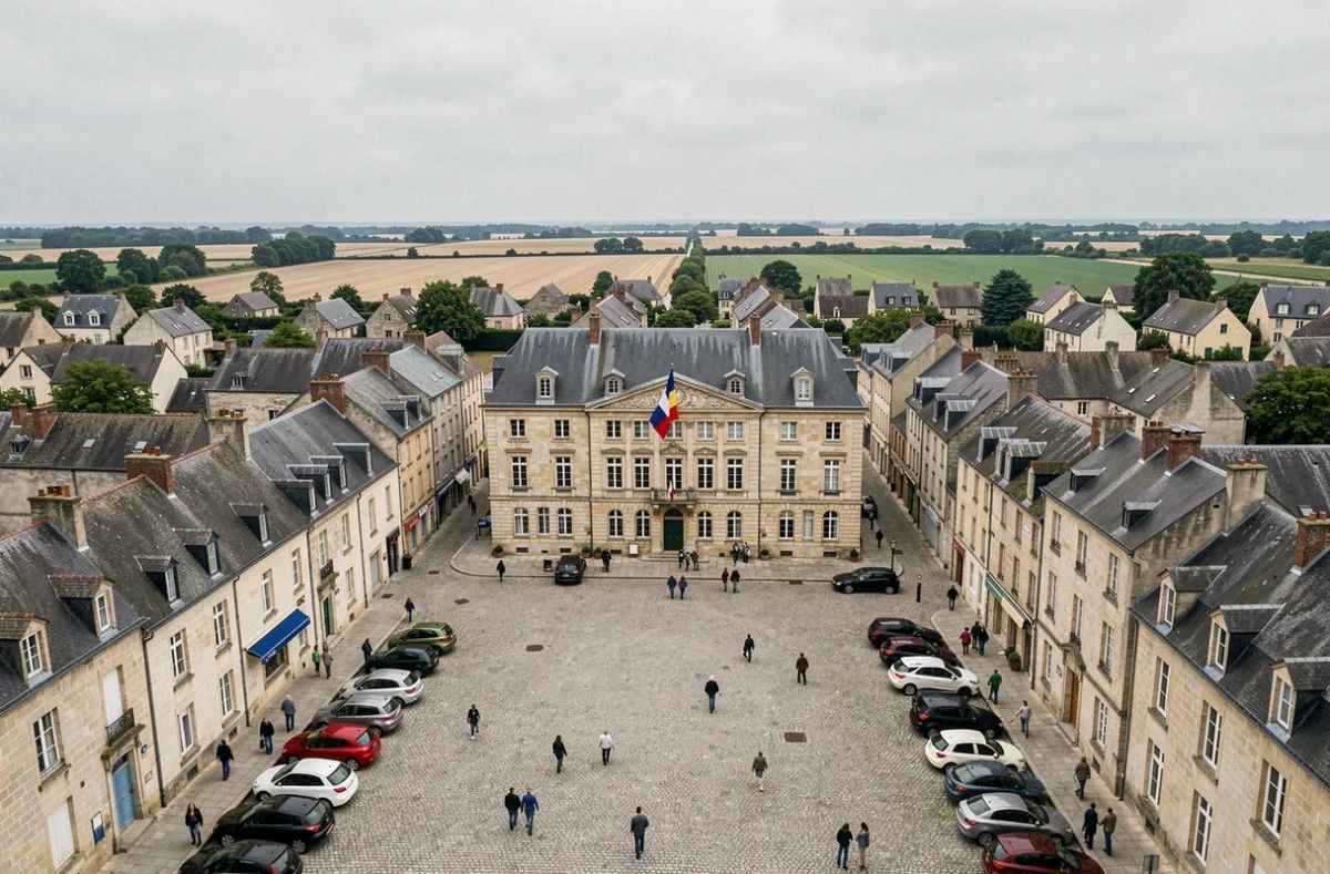 Vue panoramique d'une place centrale de ville de province française montrant la transition entre tissu urbain dense et périphérie rurale pour illustrer la définition de la zone urbaine