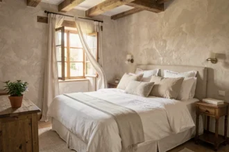 Chambre à coucher européenne confortable avec literie en coton blanc de qualité, oreillers décoratifs et atmosphère chaleureuse en style campagne