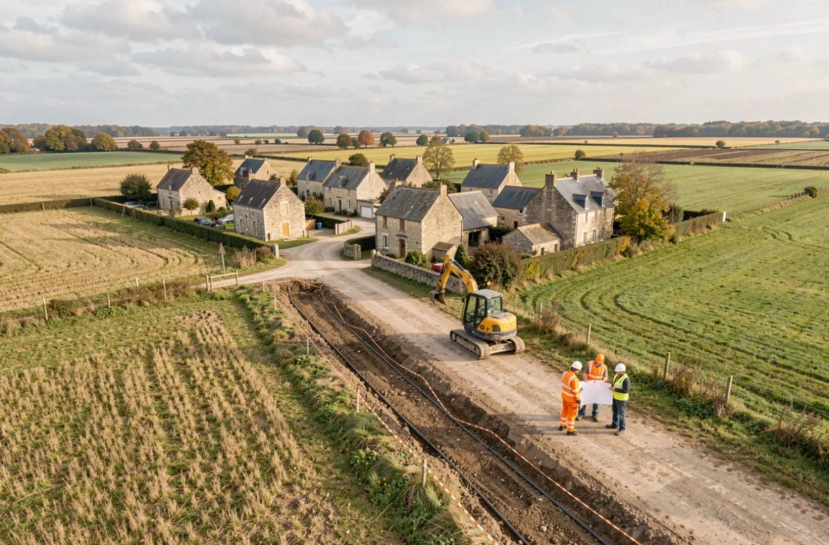 Vue aérienne d'un chantier de déploiement de la fibre optique dans un hameau rural français