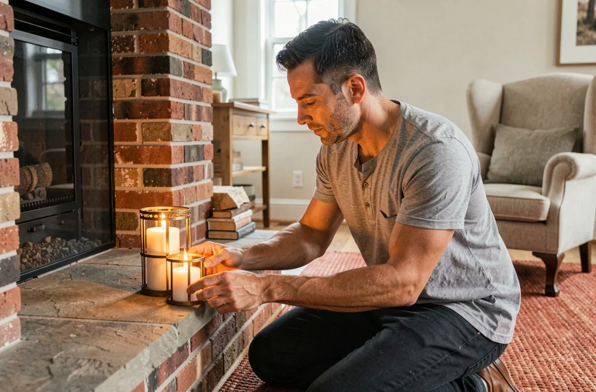 Homme arrangeant des bougies LED sur un manteau de cheminée en pierre dans un salon rustique et chaleureux