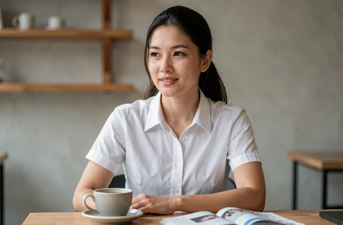 Femme portant une chemise à manches courtes blanche dans un café minimaliste moderne