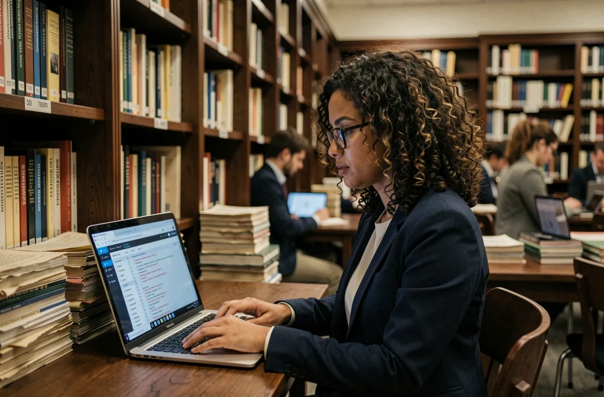 Chercheuse explorant des sources de données textuelles pour l'entraînement de modèles de langage dans une bibliothèque universitaire