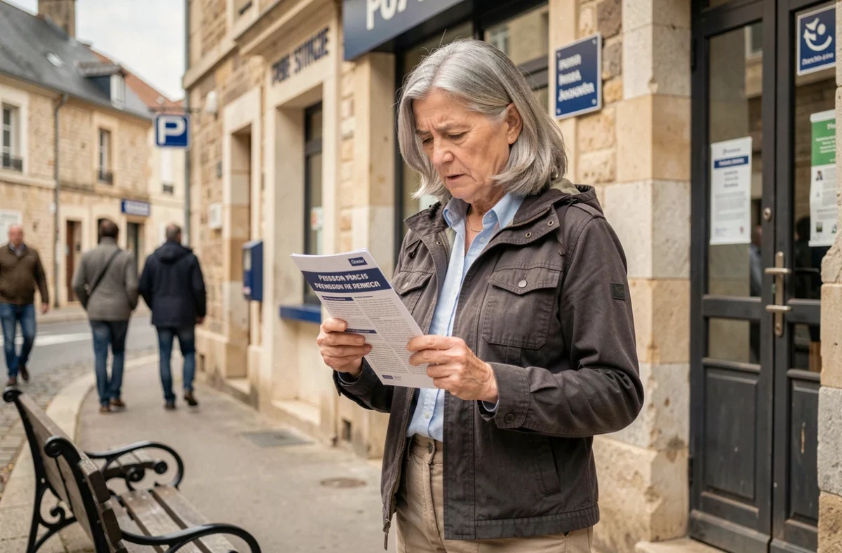 Citoyenne française lisant un document sur la réforme des retraites devant un bâtiment public en ville