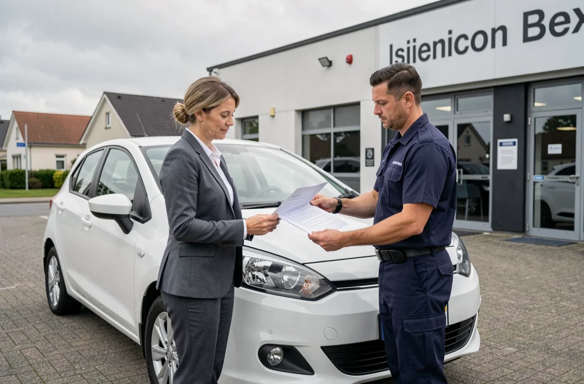 Cliente recevant le rapport de contrôle technique de son véhicule hybride devant un centre d'inspection automobile
