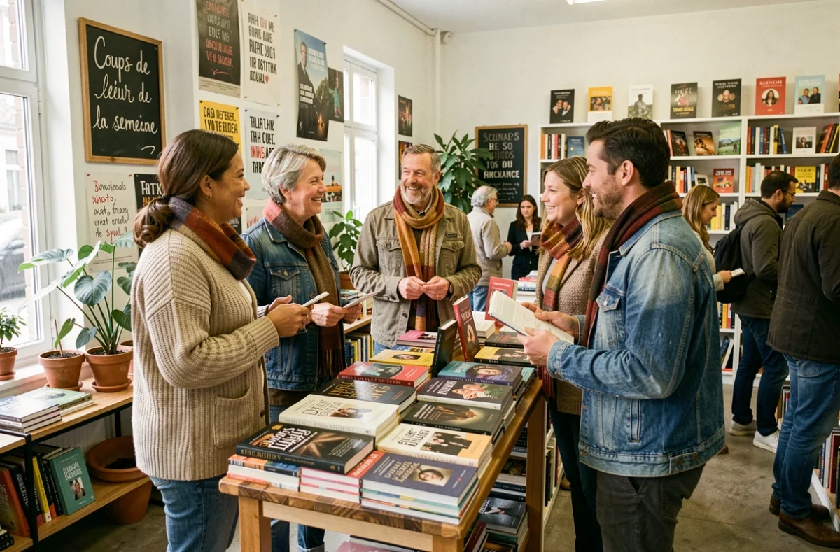 Clients feuilletant des livres autour d'une table de présentation dans une librairie indépendante animée