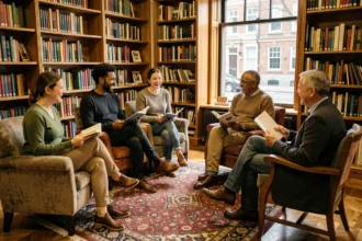 Groupe de lecteurs adultes réunis en club de lecture dans une bibliothèque de quartier autour de livres et de discussions animées