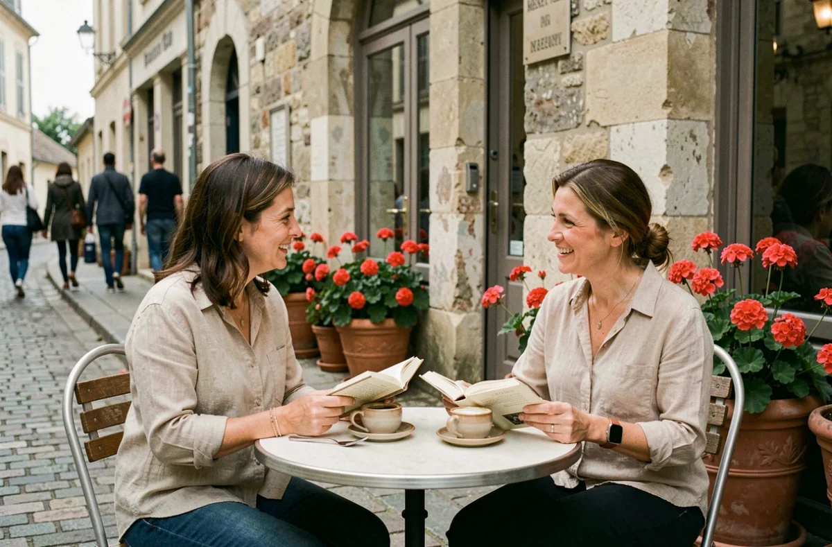 Deux femmes participant à un club de lecture en terrasse de café dans un village français, discutant autour de leurs livres