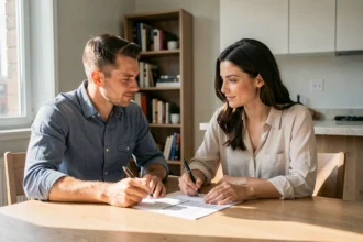 Deux co-titulaires d'un bail signant ensemble un contrat de location dans un appartement moderne