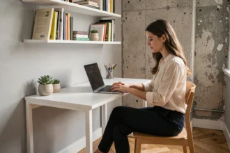 Coin bureau aménagé dans un petit appartement parisien avec bureau blanc fixé au mur, étagères flottantes et femme travaillant sur ordinateur portable
