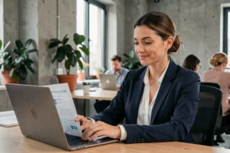 Créatrice de contenu professionnelle analysant une proposition de collaboration avec une marque sur son ordinateur portable dans un bureau moderne