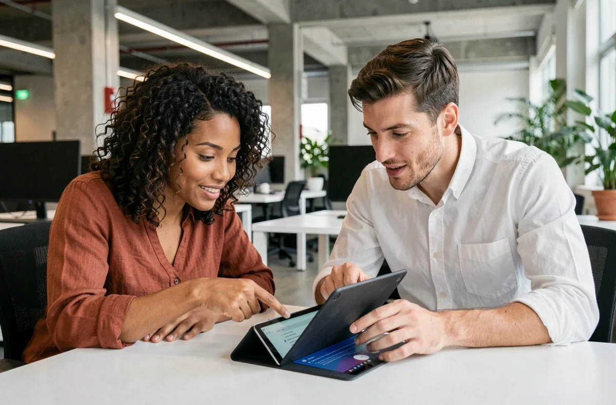 Deux collègues utilisant un écran pliable en mode tente dans un bureau collaboratif moderne