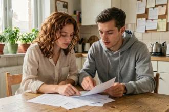Deux colocataires examinent un contrat de location ensemble à la table de cuisine de leur appartement partagé