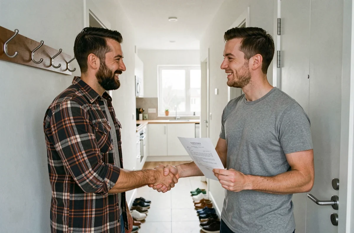 Deux colocataires se serrant la main dans le couloir d'un appartement après avoir convenu du partage du loyer