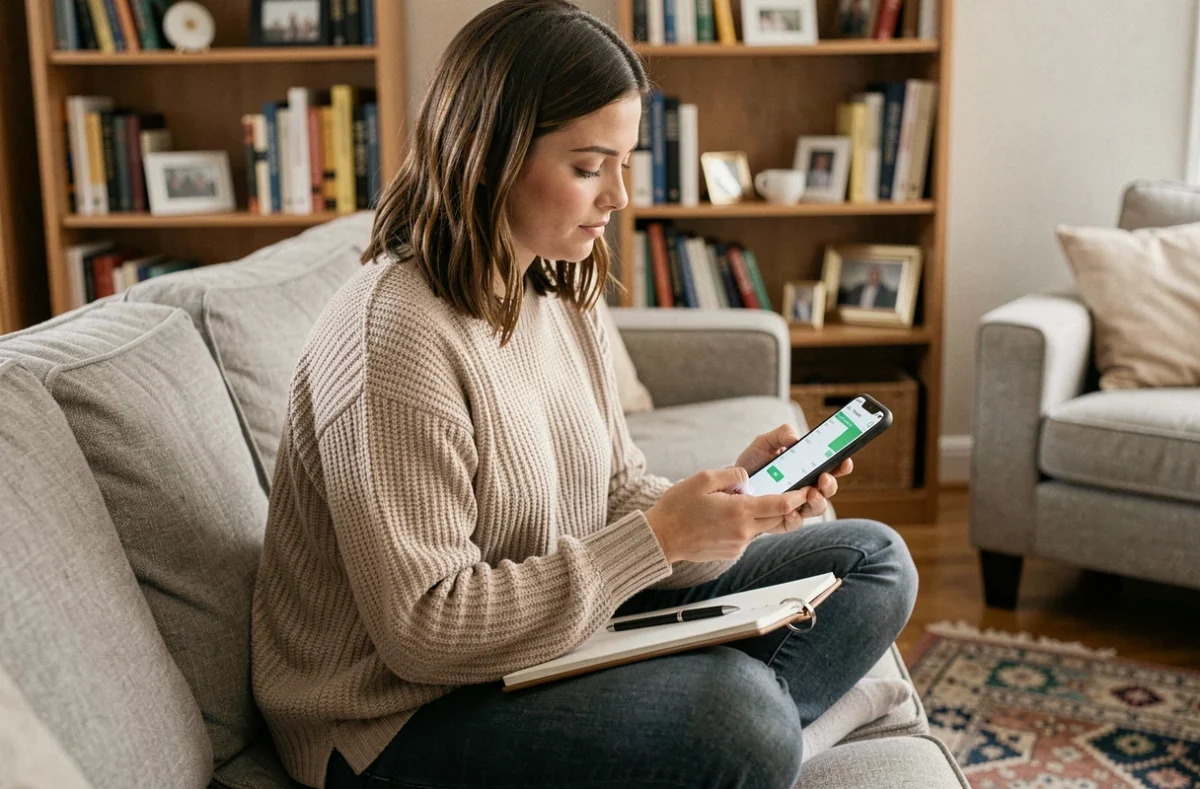 Jeune femme colocataire consultant une application de budget sur son smartphone pour calculer sa part de loyer