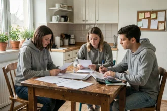 Trois colocataires répartissant le loyer autour d'une table de cuisine avec des documents et un ordinateur portable