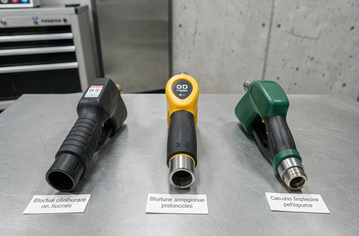 Comparaison de trois types de pistolets de carburant alternatifs au diesel — électrique, hydrogène et biocarburant — posés sur un établi d'atelier