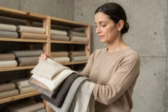 Femme examinant différents types de tissus dans un atelier textile — coton, lin et laine comparés pour choisir le meilleur matériau vestimentaire