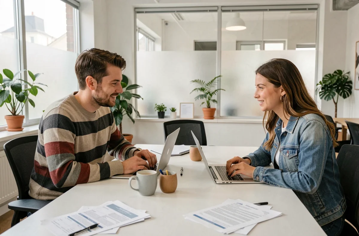 Deux jeunes adultes comparant des offres d'assurance auto sur ordinateur portable dans un espace de coworking