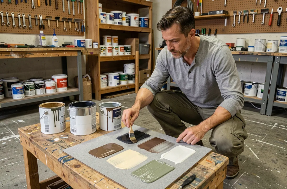 Homme comparant l'opacité et le pouvoir couvrant de différentes peintures sur un panneau test en atelier