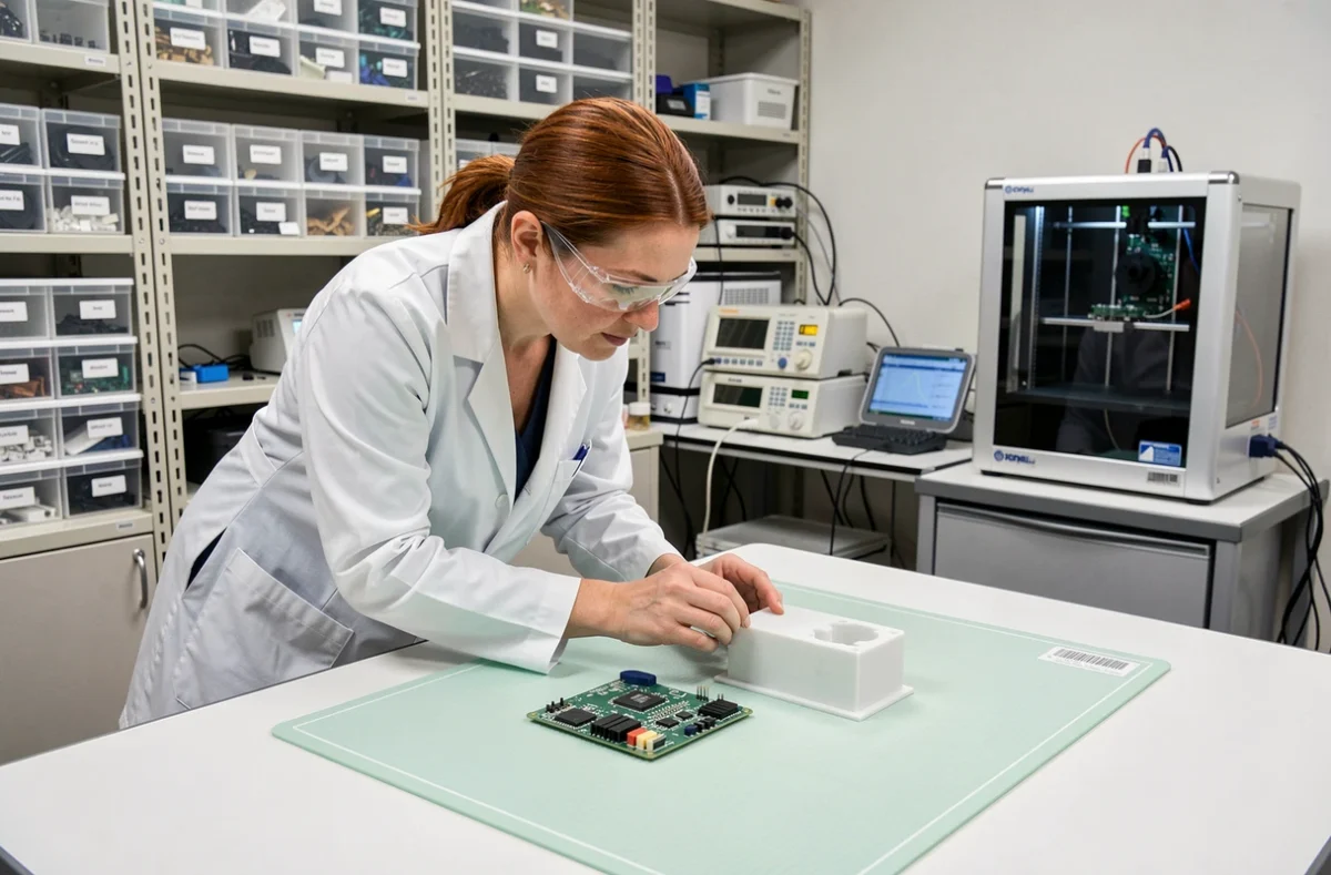 Technicienne comparant une pièce originale cassée avec son remplacement imprimé en 3D dans un laboratoire électronique