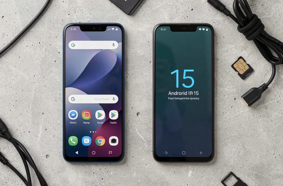 Deux smartphones Android côte à côte sur une surface en béton comparant l'ancienne version et la mise à jour Android 15