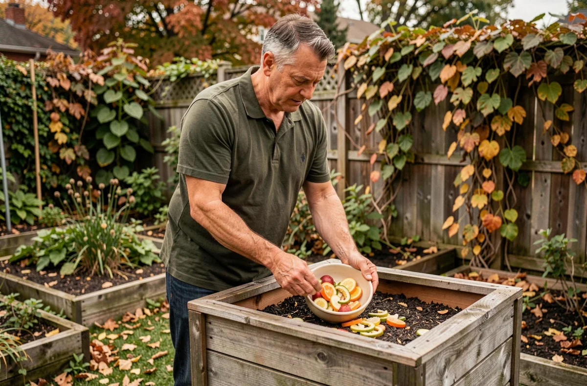 Homme déposant des épluchures de légumes dans un composteur en bois dans un jardin potager en automne pour réduire les déchets alimentaires
