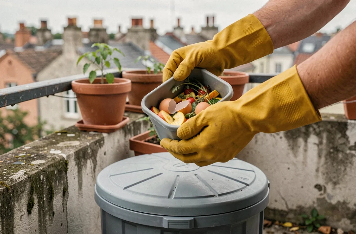 Mains versant des déchets alimentaires dans un composteur rotatif sur un balcon urbain