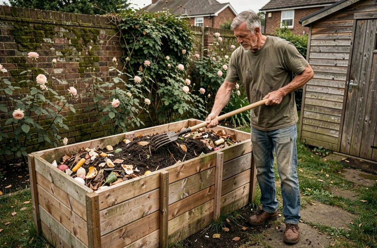 Homme retournant le compost dans un système de compostage en bois à trois bacs dans un jardin