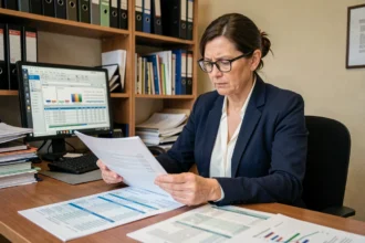 Comptable examinant des documents financiers sur un bureau en bois lors d'un contrôle URSSAF